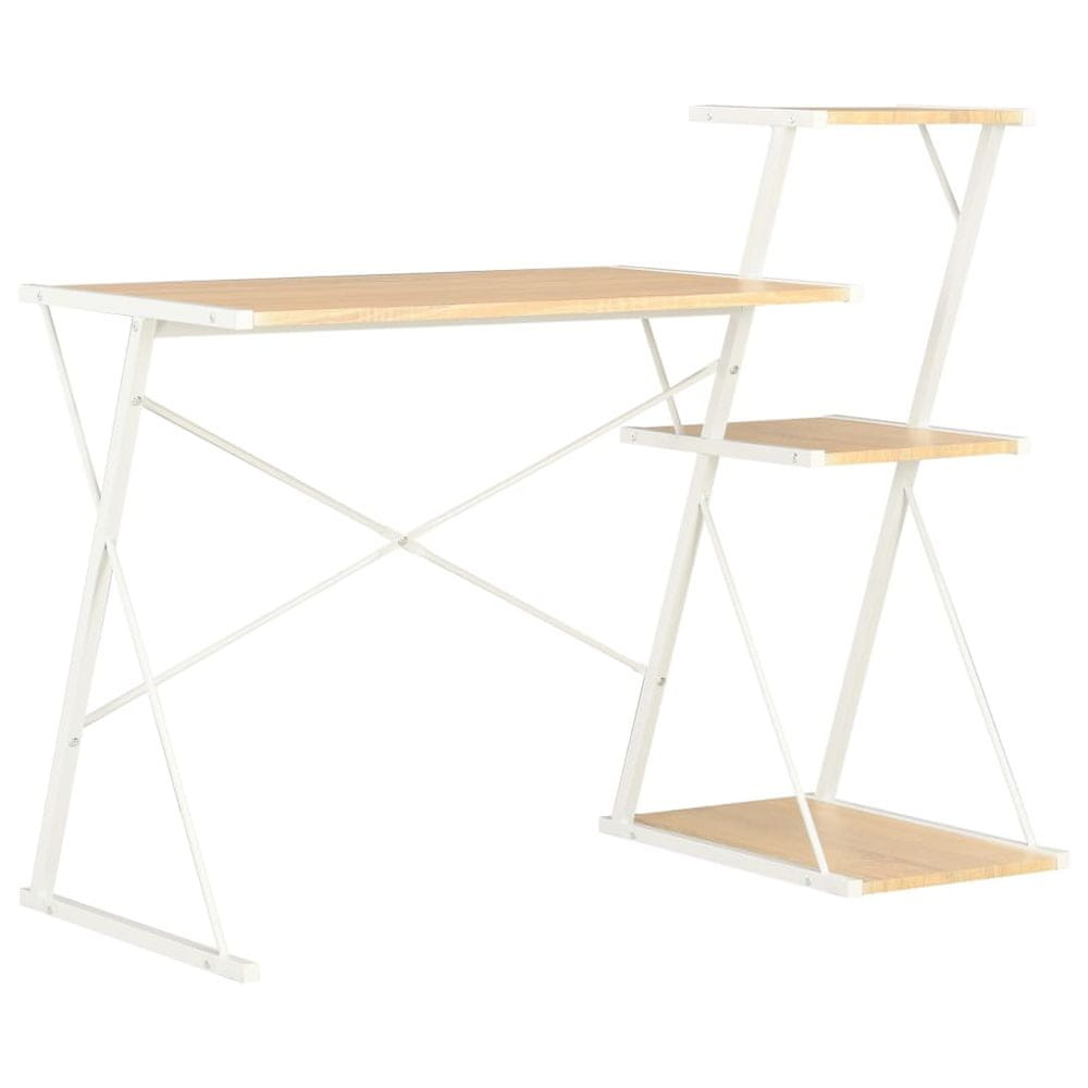 Vidaxl Stôl s poličkami, biela a dubová farba 116x50x93 cm